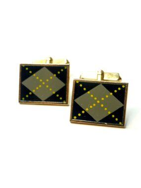 Vintage Swank Black Gray Argyle Enamel Cufflinks Mid Century Men's